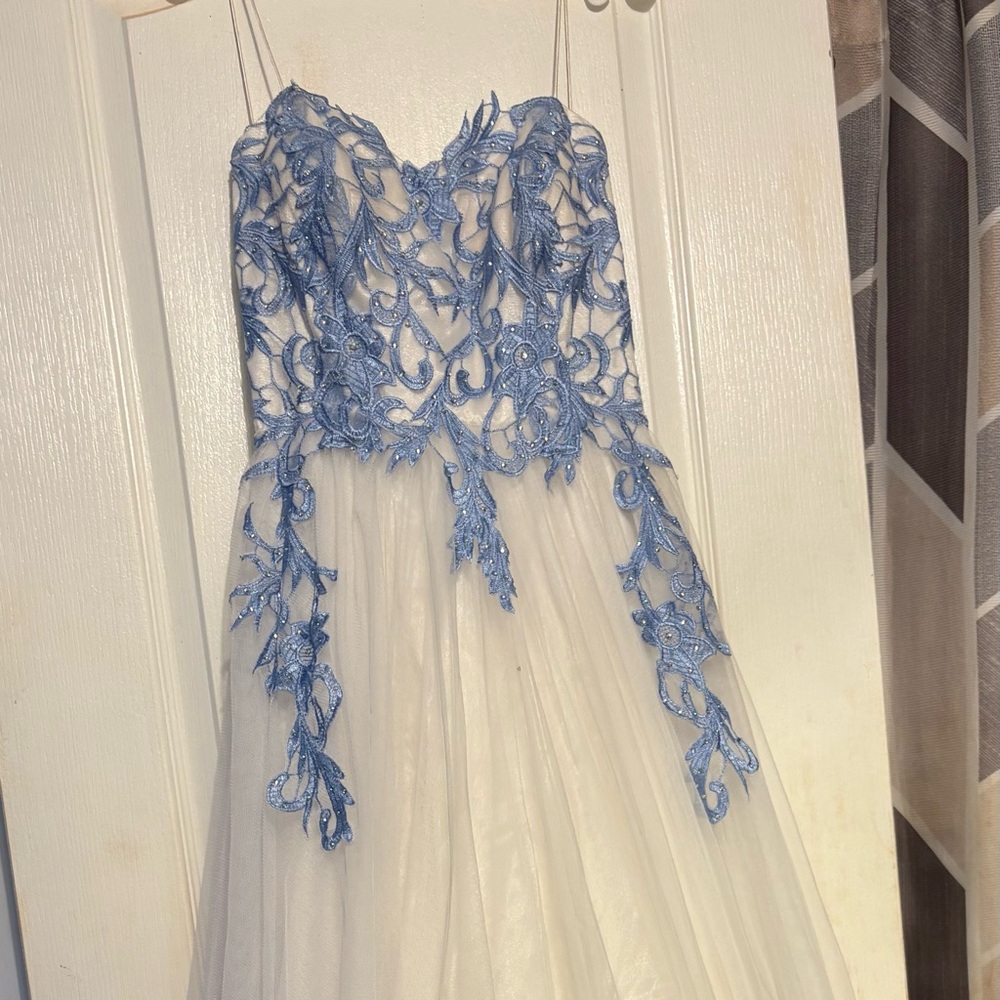 Women's Prom Dress in White with Blue Embroidery